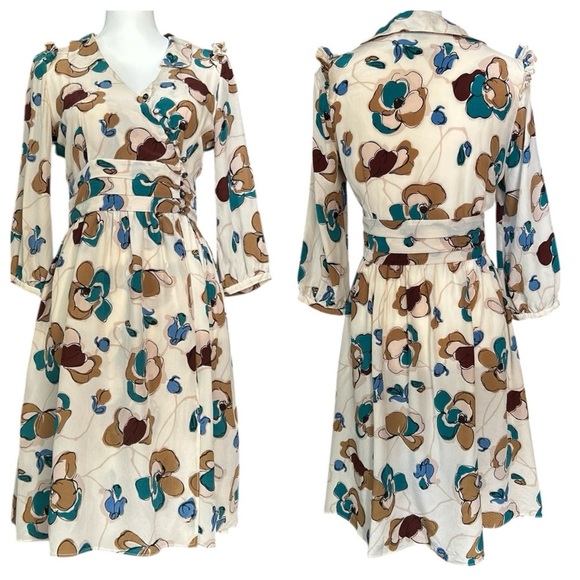 Vtg SARA BERMAN Silk Floral Chiffon Wrap Dress sz S Brown Blue Abalone Buttons - Picture 1 of 13